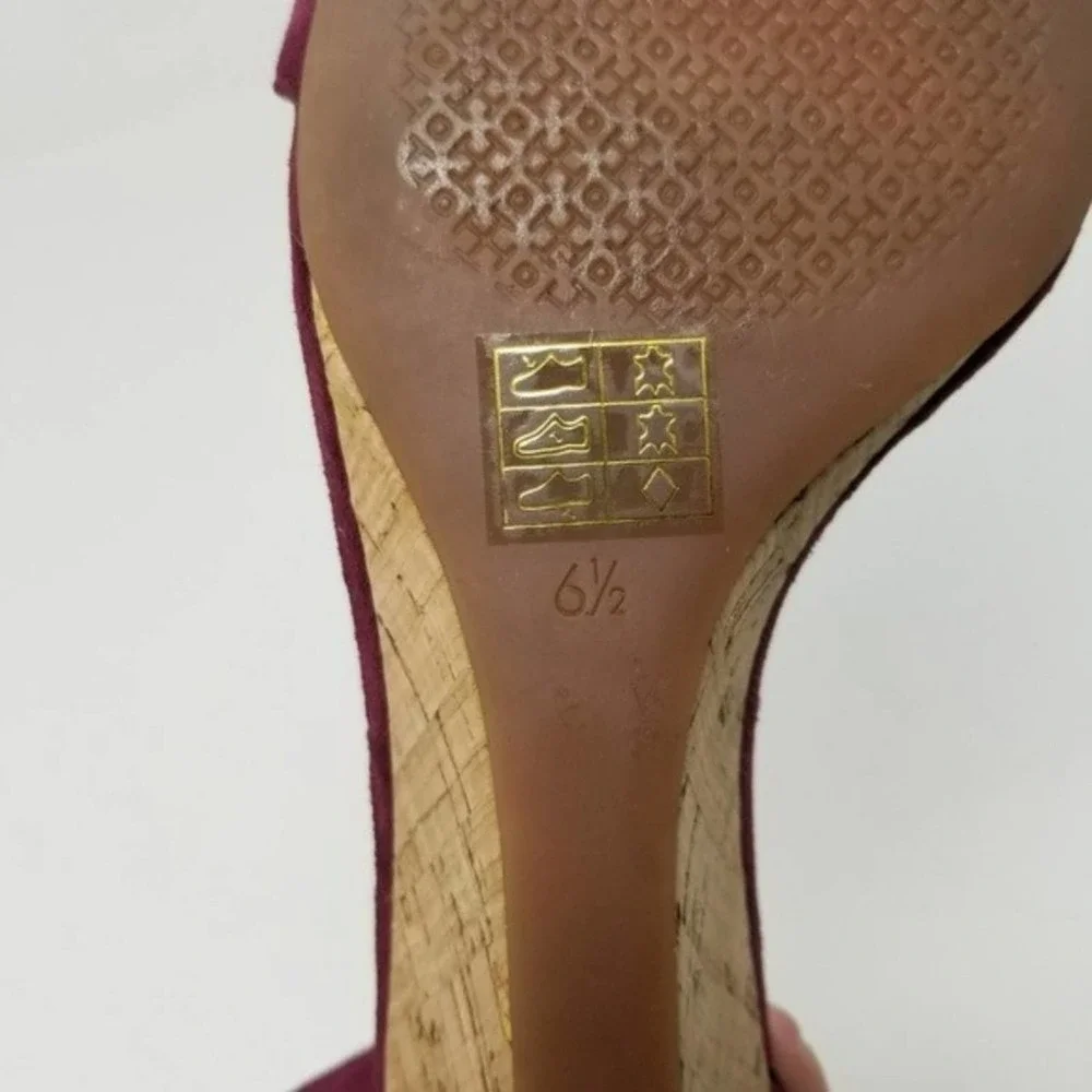 Tory Burch Savannah Cork Wedge Buckle Ankle Open Toe Burgundy Sandals Size 6.5